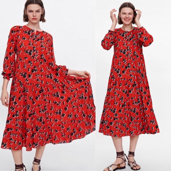 ZARA Angel Floral Tiered Midi Maxi Dress S Red Blogger Favorite Colorful Flowy - Picture 2 of 16